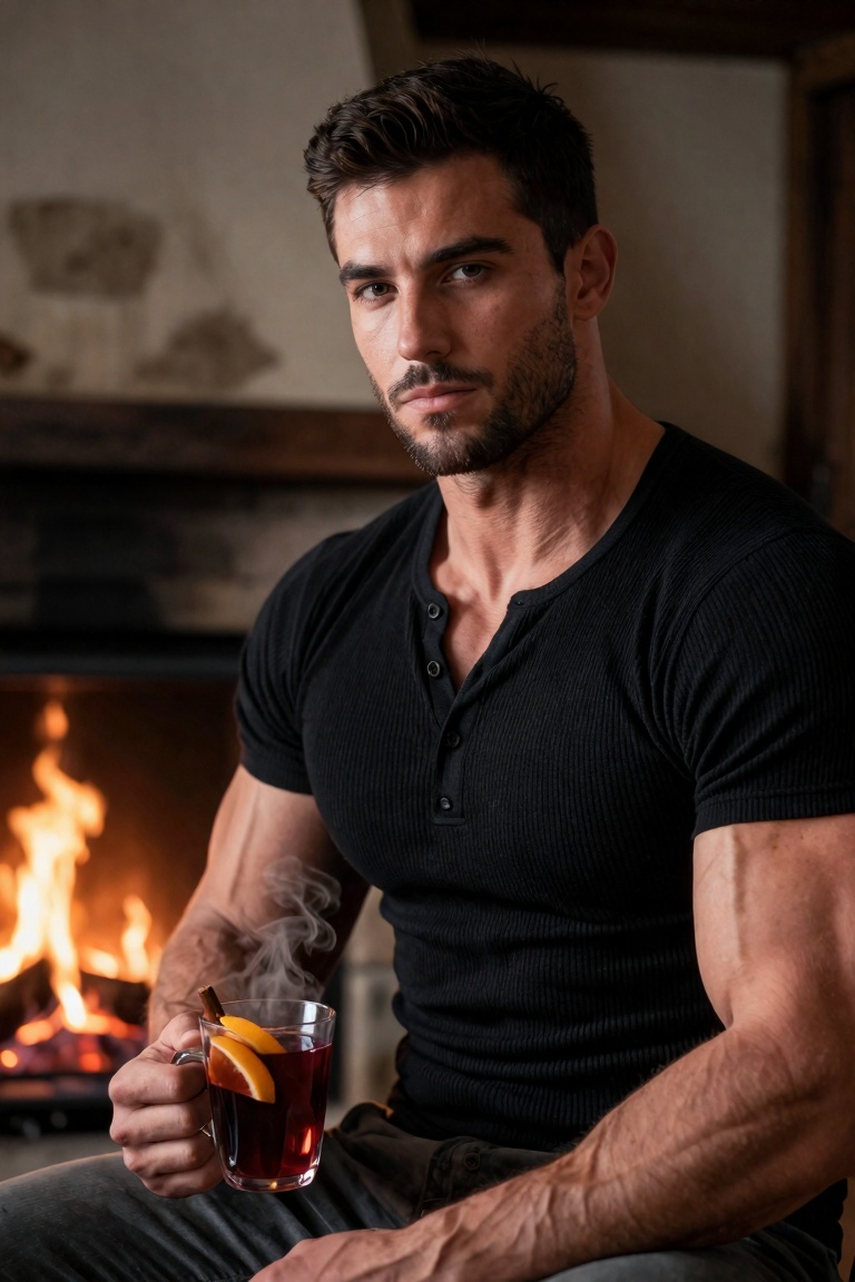 Photorealistic portrait of a tall,  muscular man in his early 30s with broad shoulders and defined arms,  short dark hair...