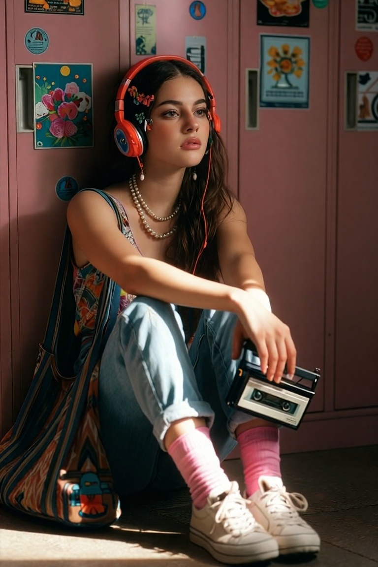 A young woman sitting on the floor in front of pink lockers decorated with various colorful posters and stickers. She is w...