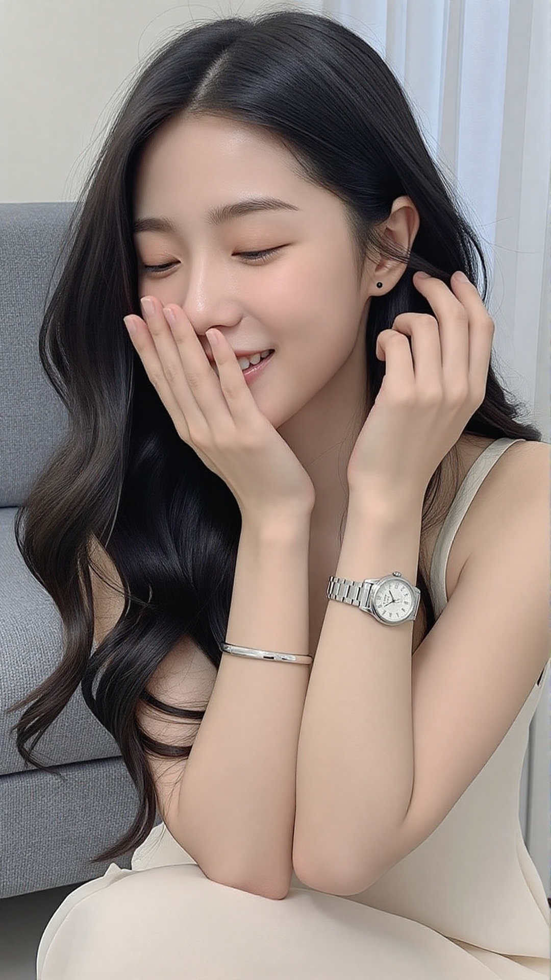 一位亚洲女性的照片,  她有着长长的波浪黑发和白皙的皮肤,  坐在一间光线柔和的房间里。她闭着眼睛微笑 on Tensor.Art