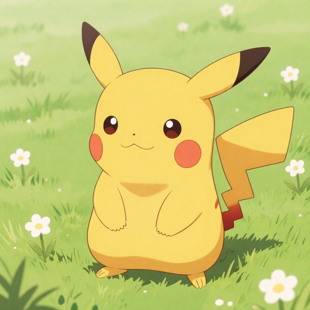 Cute chubby Pikachu in the grass with small white flowers,  soft pastel anime on Tensor.Art