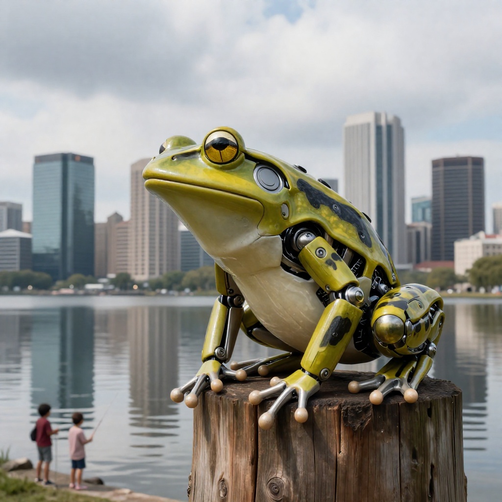 artilands02,  Photo-realistic rendering of a mechanical frog with vibrant yellow and black spotted patterns,  sitting atop...