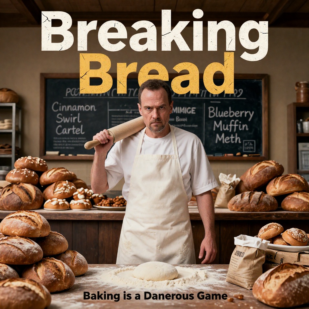 A TV show poster for a parody series titled "Breaking Bread,  " playing on the name of the famous show Breaking Bad. The p...