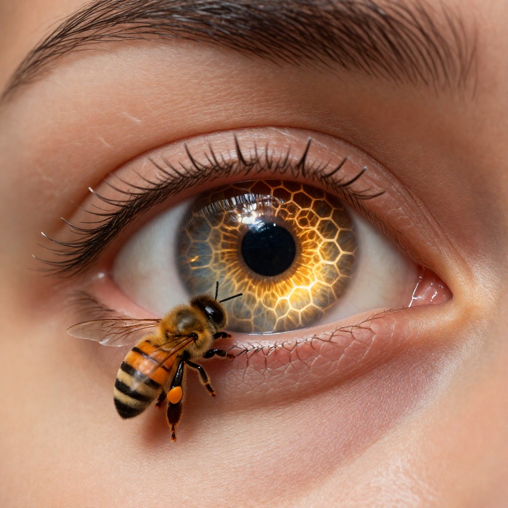 Illustrate a surrealist,  macro-level close-up of a human eye with a perfectly formed honeycomb pattern fused into the iri...