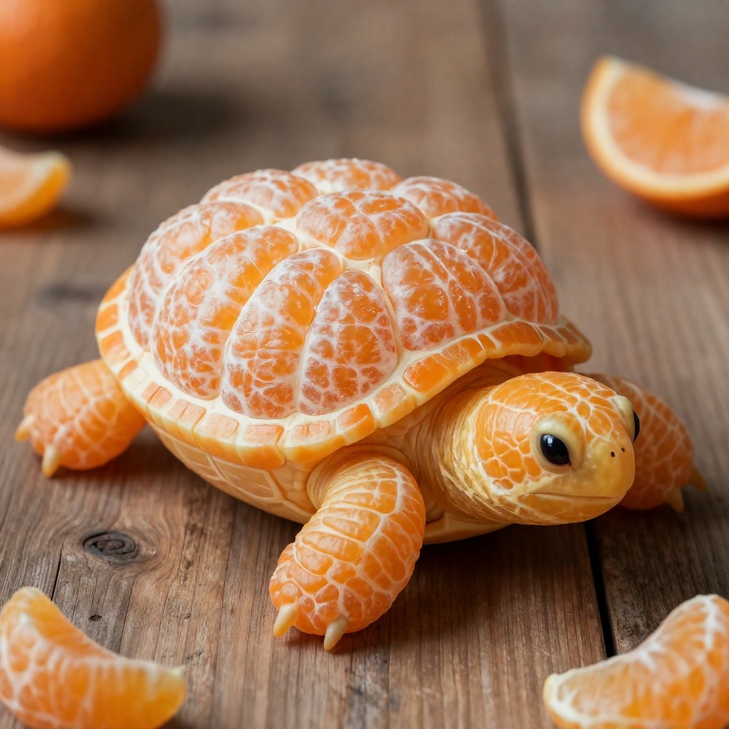 aidmaHyperrealism,  hyper-detailed,  "Create a surreal composition of a turtle made from a peeled mandarin on Tensor.Art