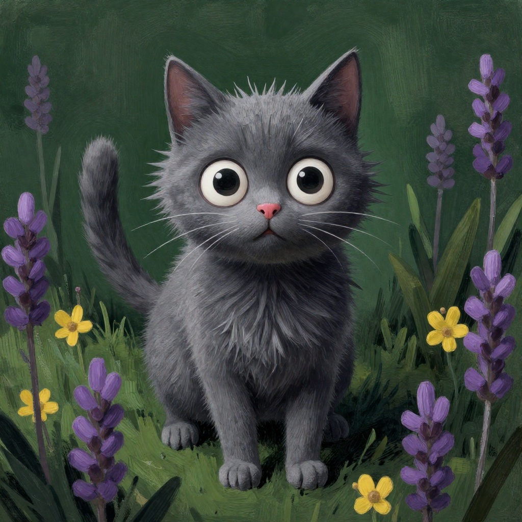 A whimsical illustration of a grey cat with spiky fur in dark whimsical art style,  standing among lavender and yellow flo...