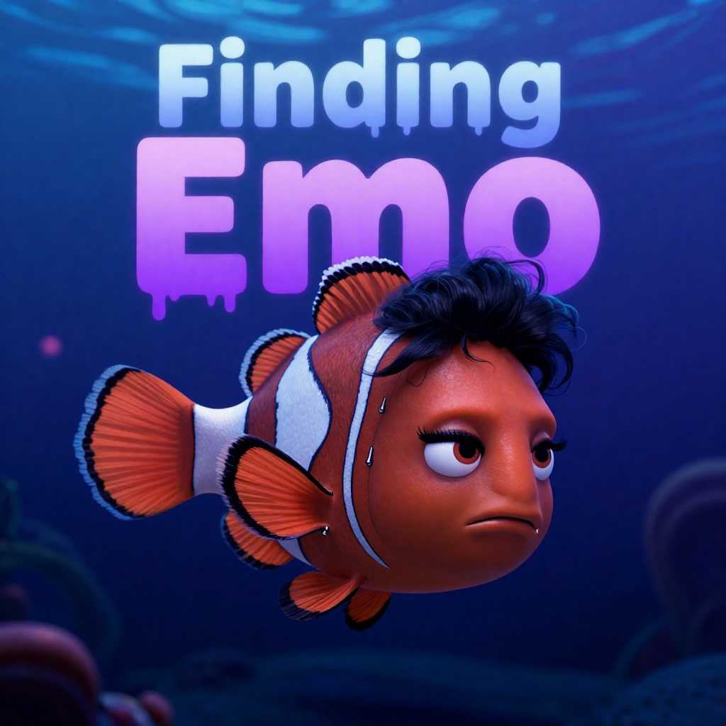 a digital illustration of a movie poster titled "Finding Emo",  finding nemo parody poster,  featuring a depressed cartoon...