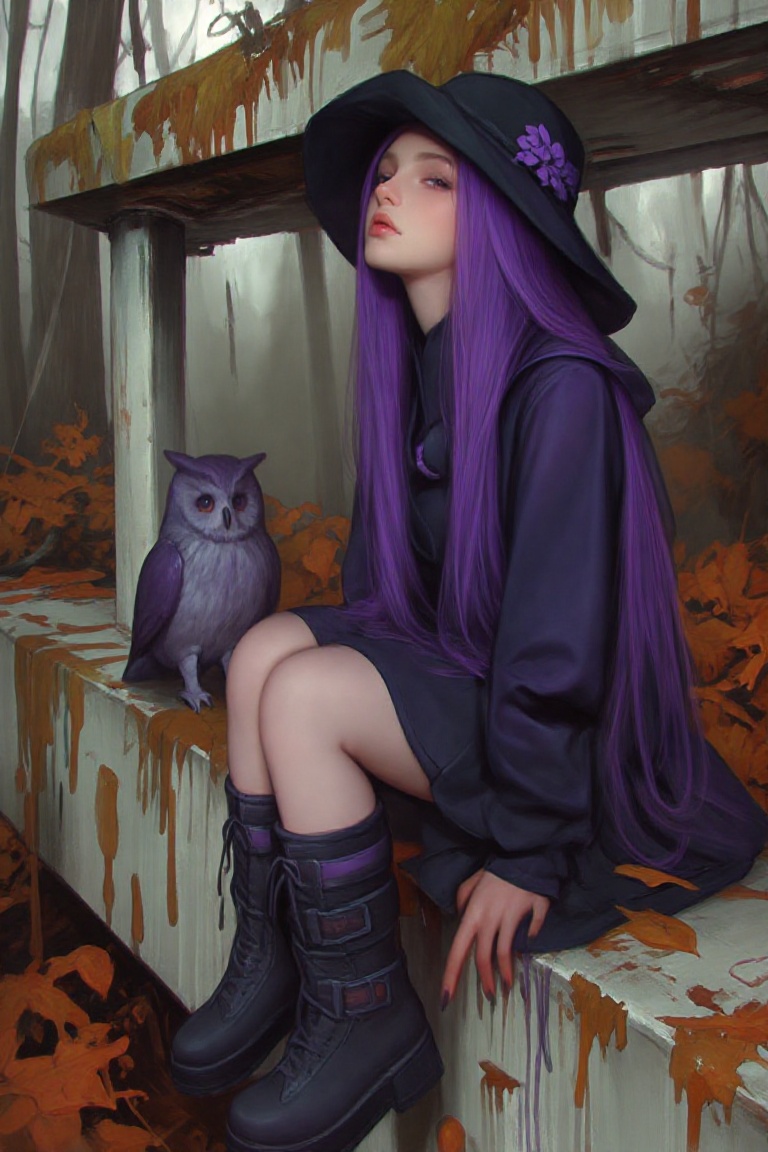 A young woman sits on an abandoned,  moss-covered concrete structure in the foreground. She has long violet hair and wears...