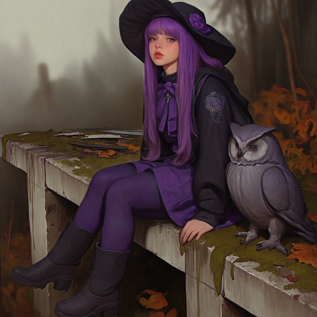 A young woman sits on an abandoned,  moss-covered concrete structure in the foreground. She has long violet hair and wears...