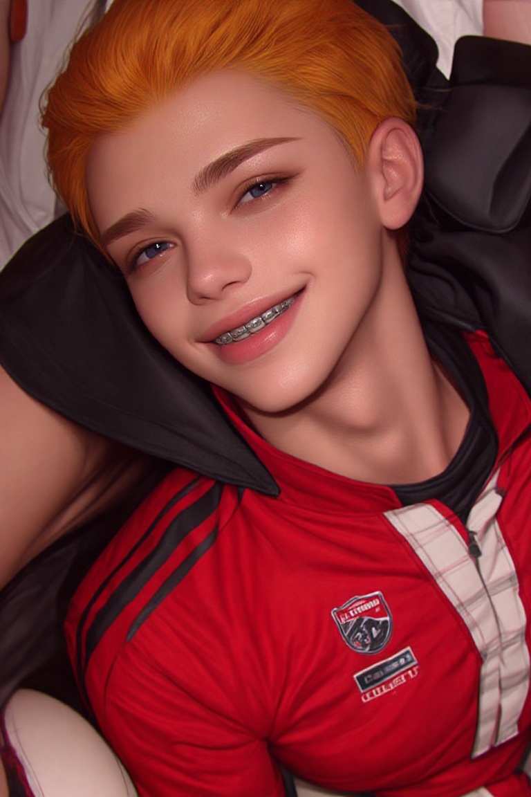 He is a handsome Thai man with braces,  a red engineering shirt,  yellow hair on Tensor.Art