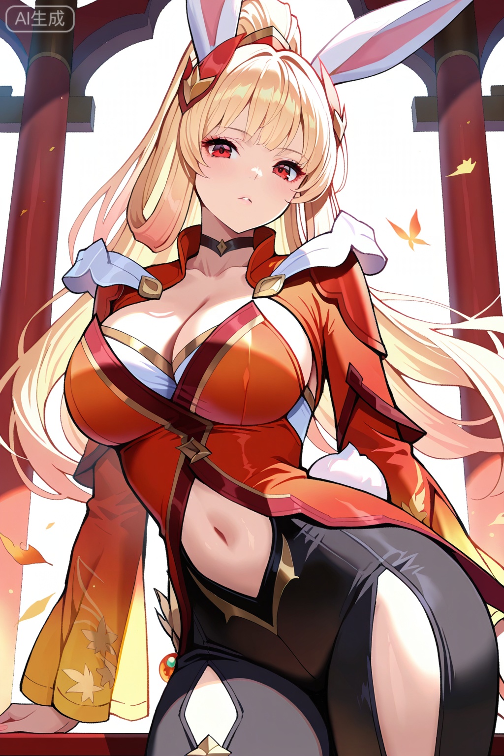公孙离,masterpiece,best quality,official art,extremely detailed CG unity 8k wallpaper,1girl, solo, long hair, breasts, looking at viewer, bangs, blonde hair, large breasts, red eyes, long sleeves, navel, animal ears, cleavage, collarbone, tail, ponytail, thighs,  choker, pants, stomach, rabbit ears,  clothing cutout, black choker, black pants, high ponytail, rabbit tail, navel cutout