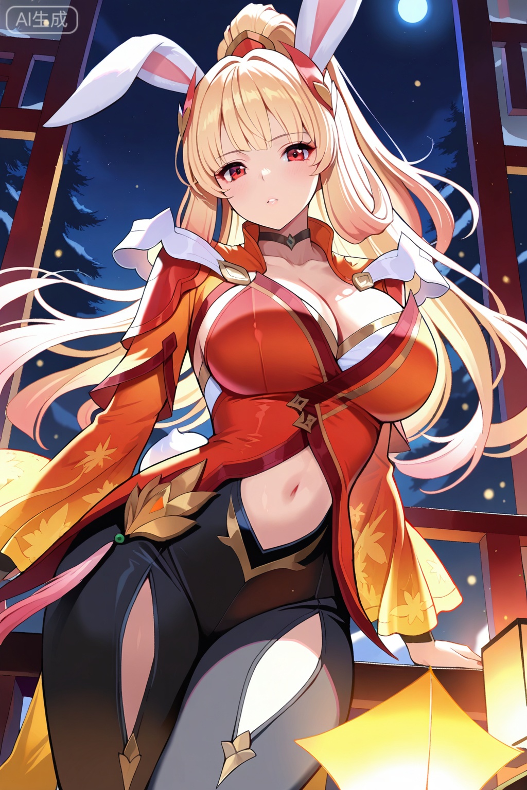 公孙离,masterpiece,best quality,official art,extremely detailed CG unity 8k wallpaper,1girl, solo, long hair, breasts, looking at viewer, bangs, blonde hair, large breasts, red eyes, long sleeves, navel, animal ears, cleavage, collarbone, tail, ponytail, thighs,  choker, pants, stomach, rabbit ears,  clothing cutout, black choker, black pants, high ponytail, rabbit tail, navel cutout