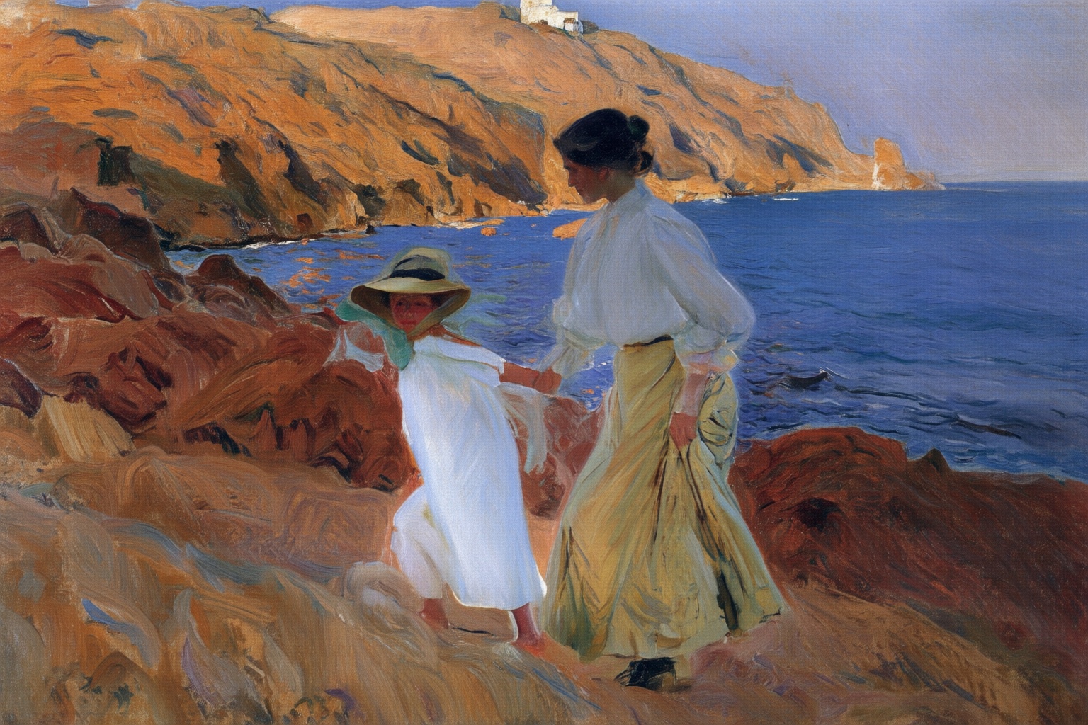 joaquinsorolla4q painting. A coastal scene with a woman and a young girl,  shown in side profiles,  walking on rocky terra...