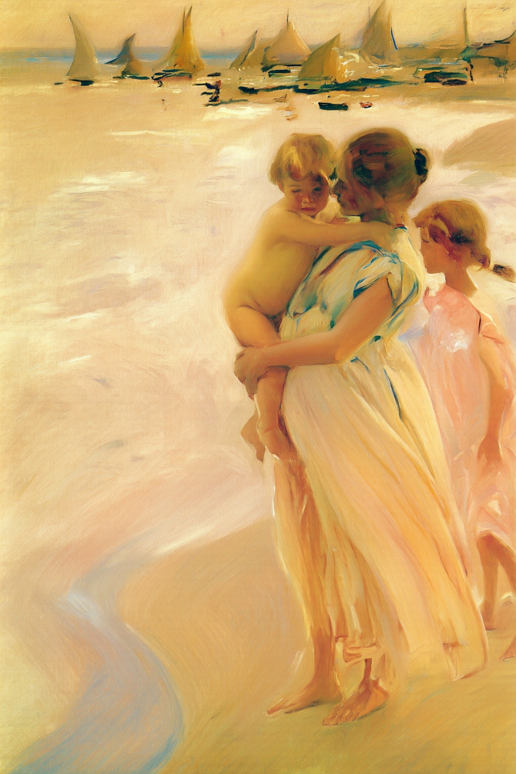 joaquinsorolla4q painting. On the right is a woman,  her hair tied into a bun,  standing on a beach on Tensor.Art