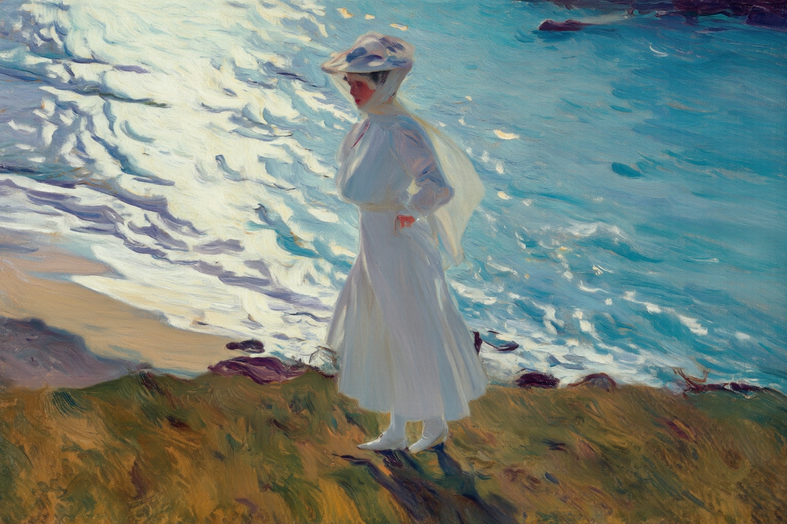 joaquinsorolla4q painting. A woman standing on a cliff beside seascape. The woman,  shown in 3/4 view,  is dressed in a wh...