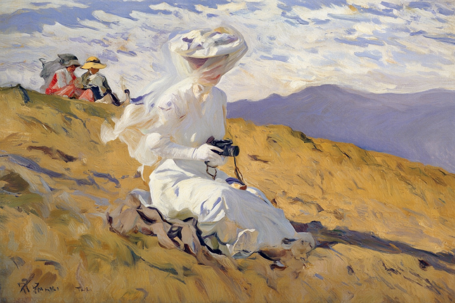 joaquinsorolla4q painting. A woman is sitting in the foreground of a landscape,  dressed in a white dress and a large whit...