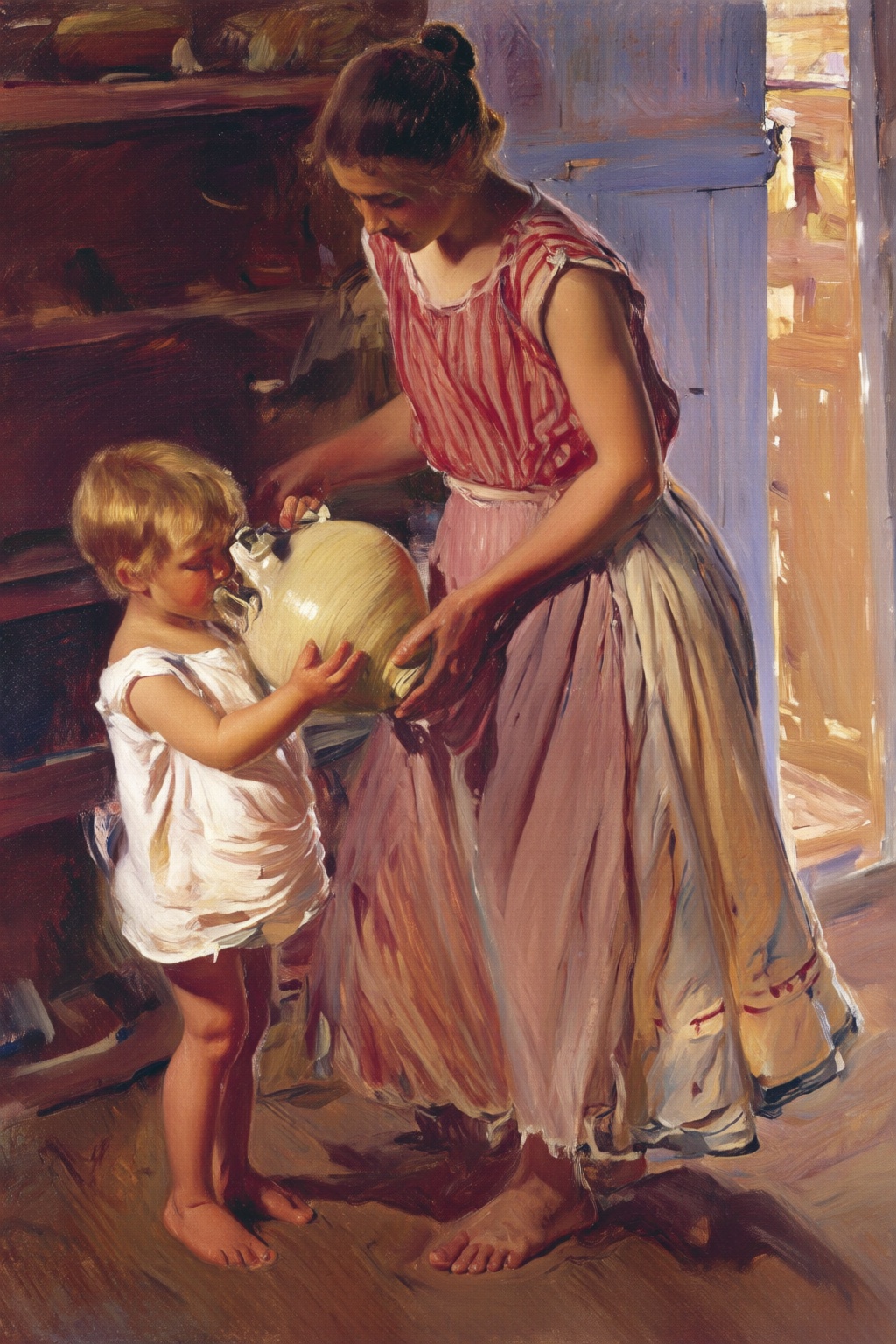joaquinsorolla4q painting. A young woman and a child are present. The woman,  her hair styled into a bun,  wears a red and...