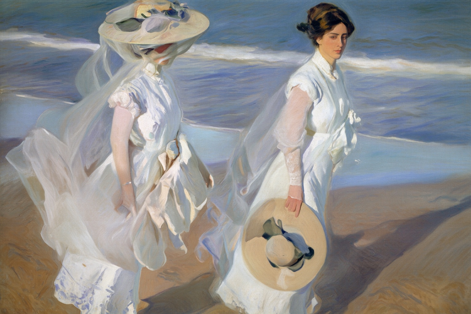 joaquinsorolla4q painting. Two women,  shown in 3/4 profile,  are walking along a beach to the right toward the viewer . T...
