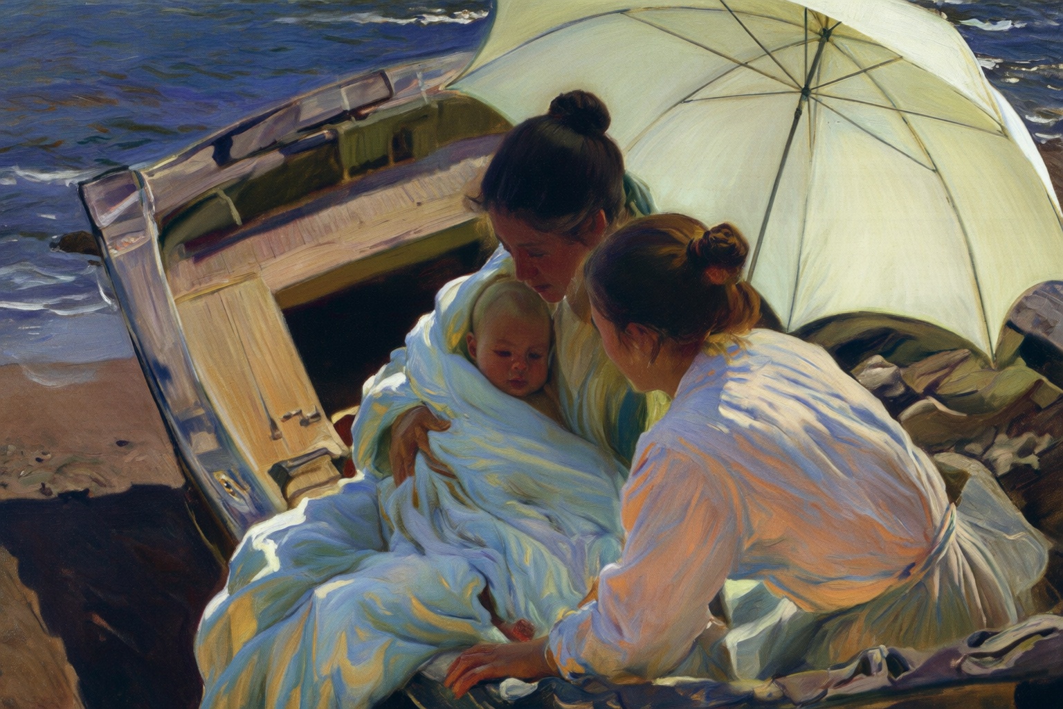 joaquinsorolla4q painting. Two women and a baby are seated in a small wooden boat anchored on the beach. One woman,  her h...