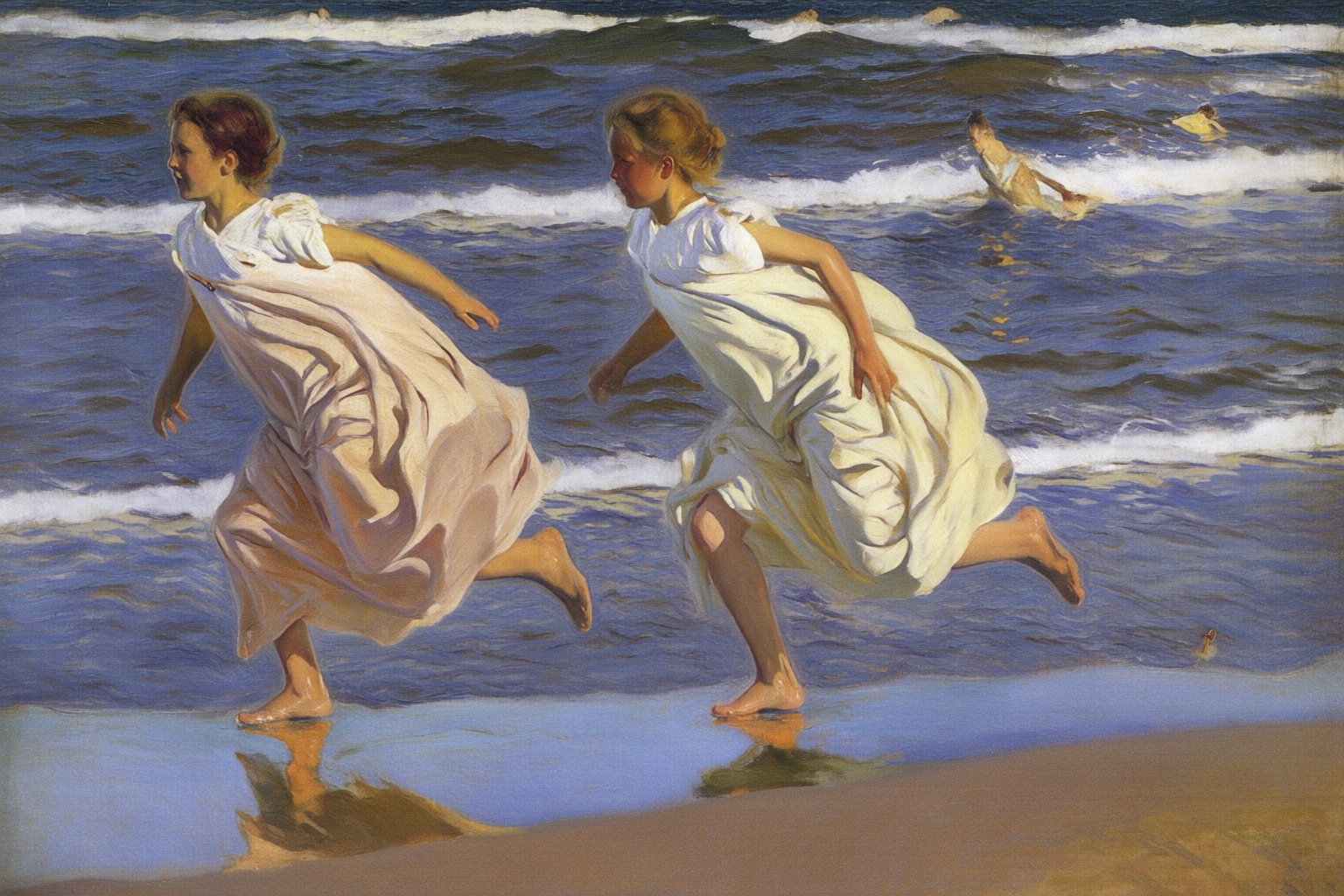 joaquinsorolla4q painting. Two girls are running along a beach shoreline toward the left. They are dressed in flowing,  li...