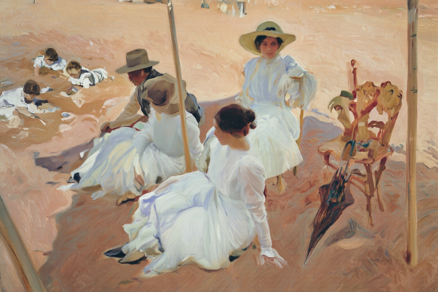joaquinsorolla4q painting. In the center are three women in white dresses and a man,  gathered in a sandy outdoor setting...