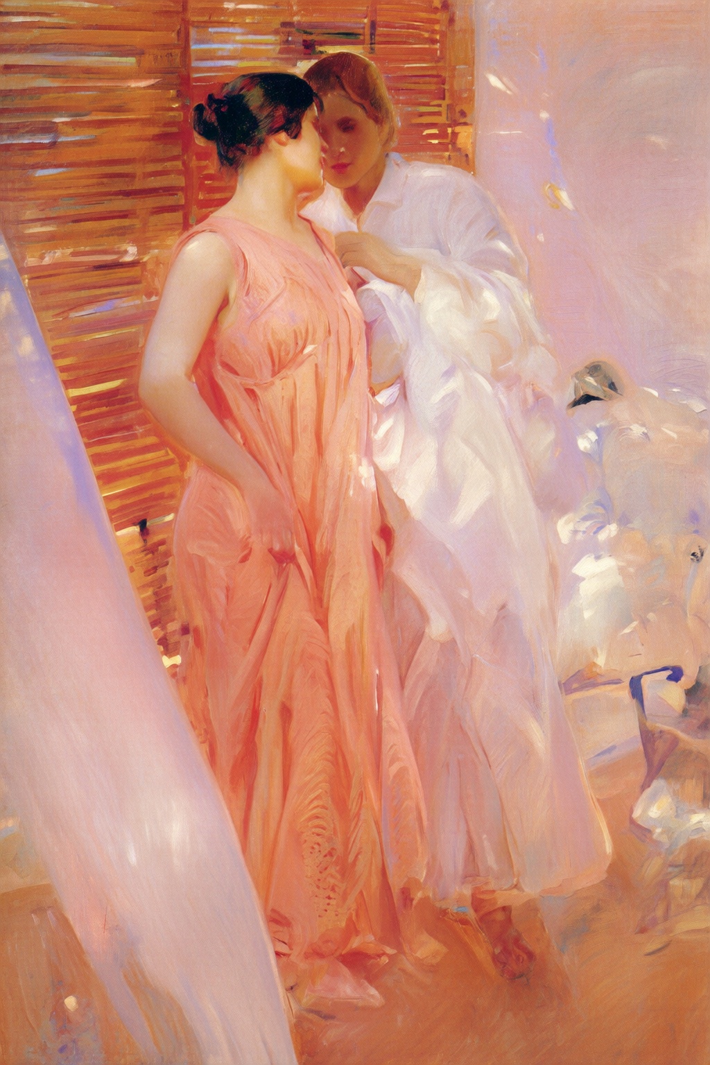 joaquinsorolla4q painting. Two women are dressed in flowing,  pastel-colored garments. The woman on the left,  her dark ha...