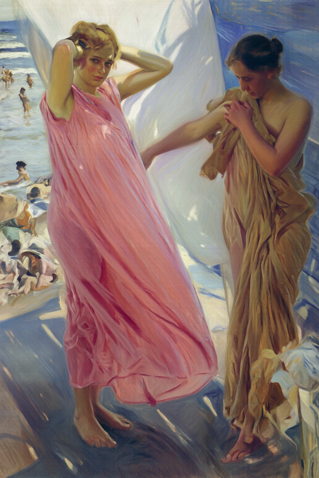 joaquinsorolla4q painting. Two women are standing barefoot in the foreground of a beach scene with a white curtain and a b...