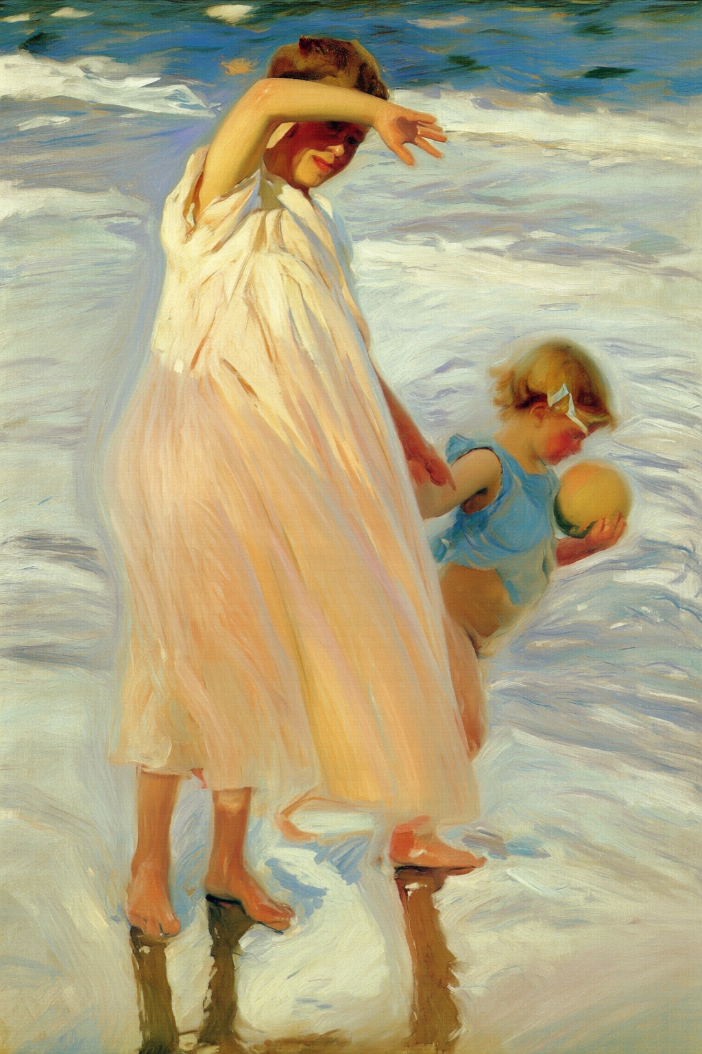 joaquinsorolla4q painting. A girl and a young child are standing near the shoreline on a beach. The girl on the left wears...
