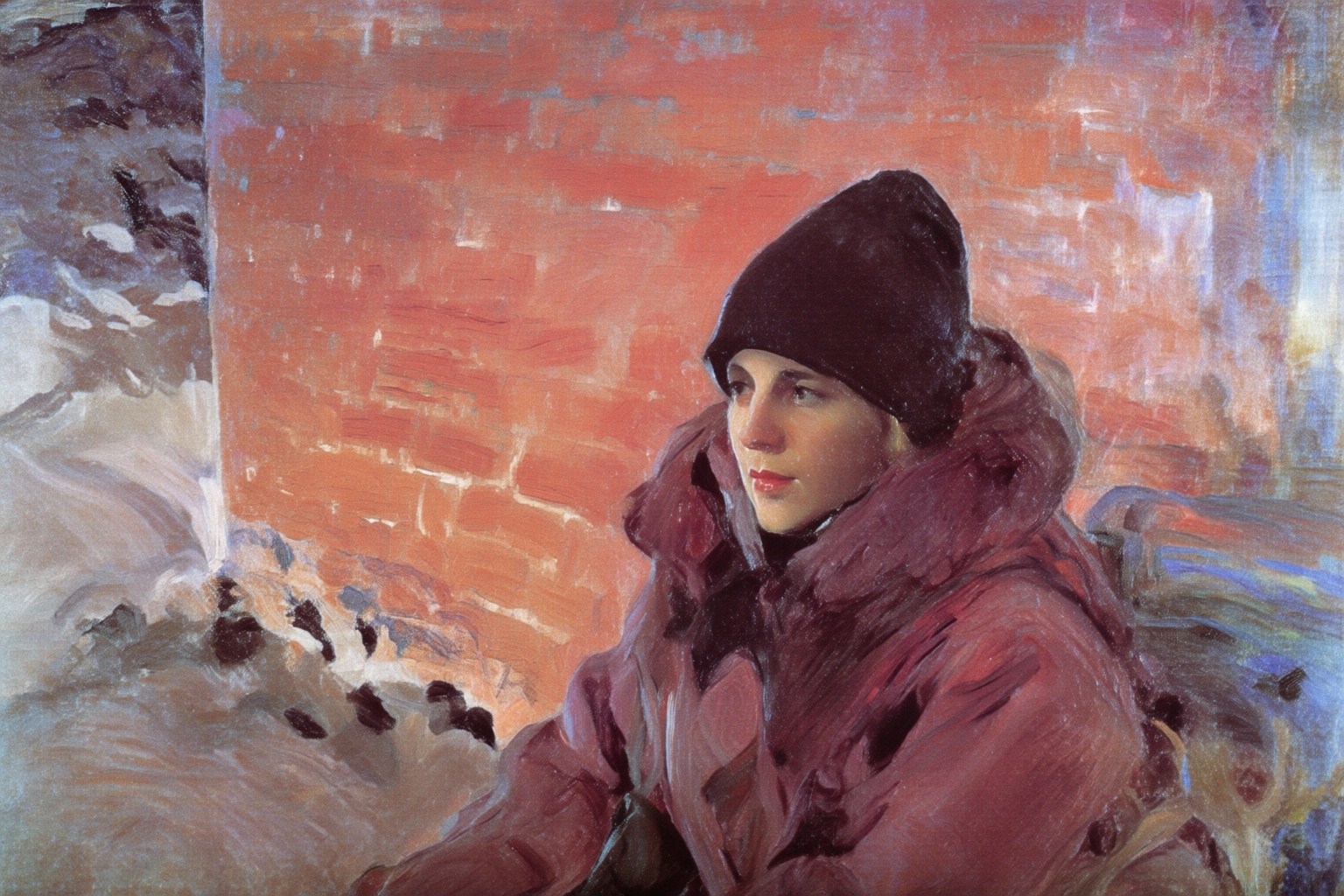 joaquinsorolla4q painting. On the right sits a young woman,  shown in 3/4 view,  wearing a dark toque and a coat with a fu...