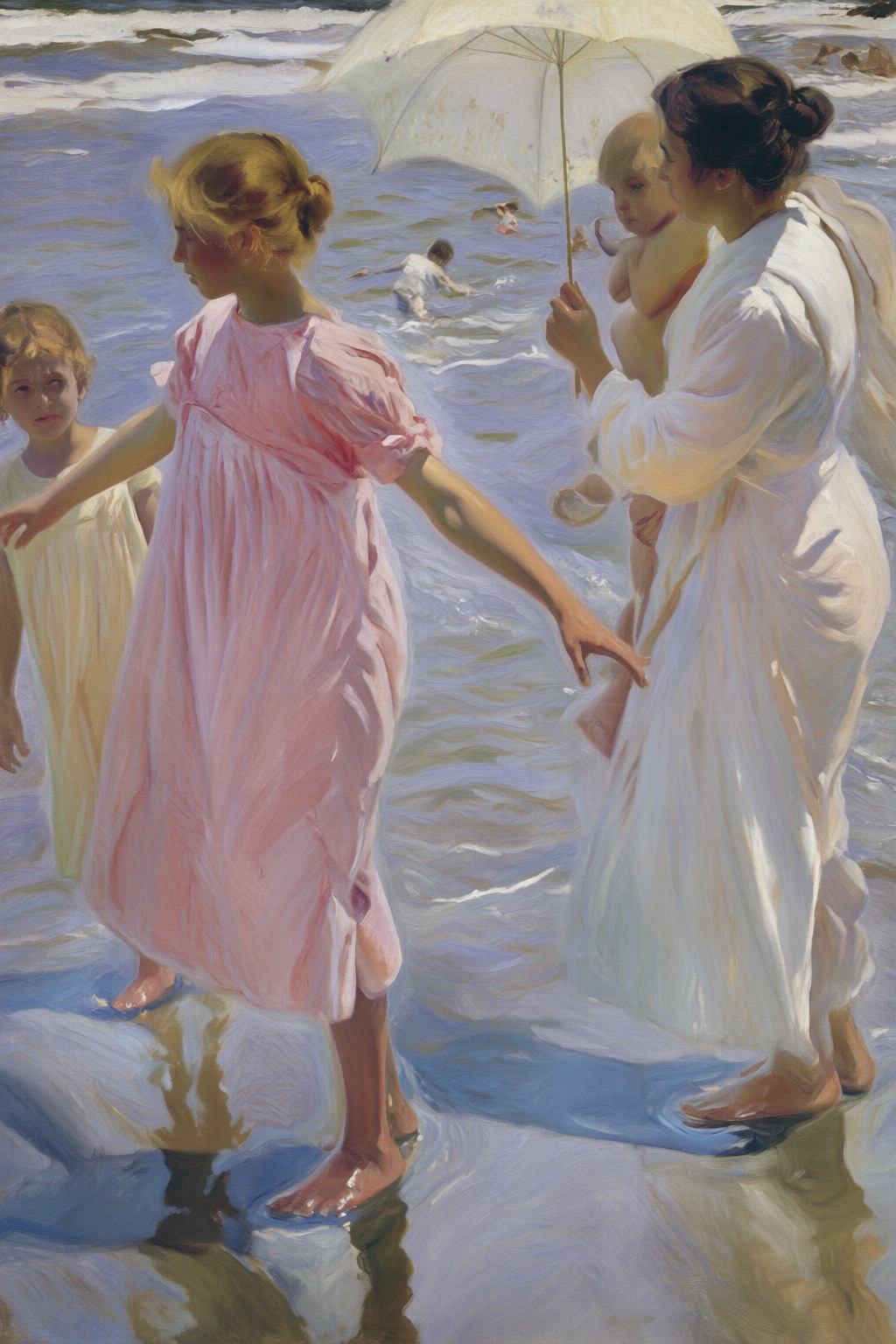 joaquinsorolla4q painting. A group of people are dressed in flowing,  pastel-colored garments are on a beach. On the left...