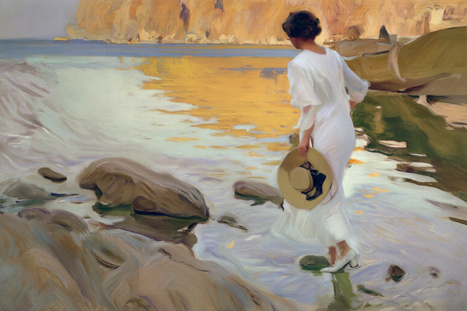 joaquinsorolla4q painting. A woman with short dark hair,  her back to the viewer,  wearing a white dress and white high he...