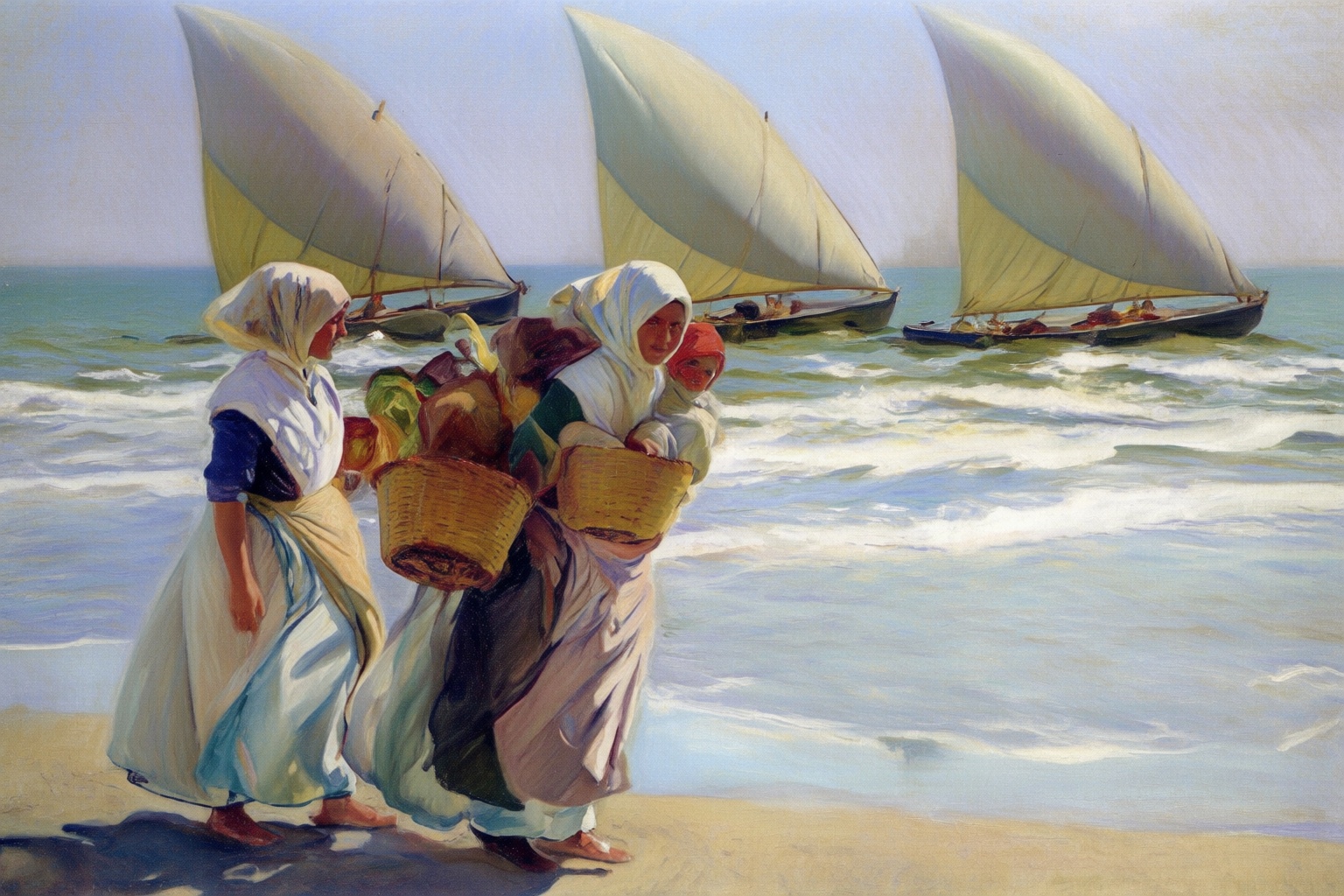 joaquinsorolla4q painting. Three women are walking on a sandy beach toward the right. They are dressed in traditional atti...