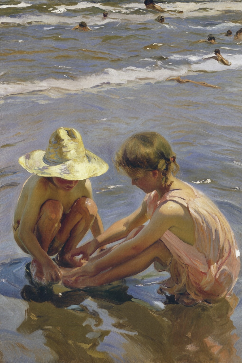 joaquinsorolla4q painting. A young boy and a young girl are sitting in shallow water on a beach,  engaged in a playful act...