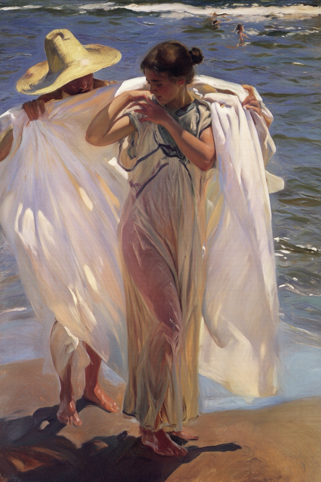 joaquinsorolla4q painting. A man and a woman are standing at a beach shoreline. The central figure is a woman,  her hair t...