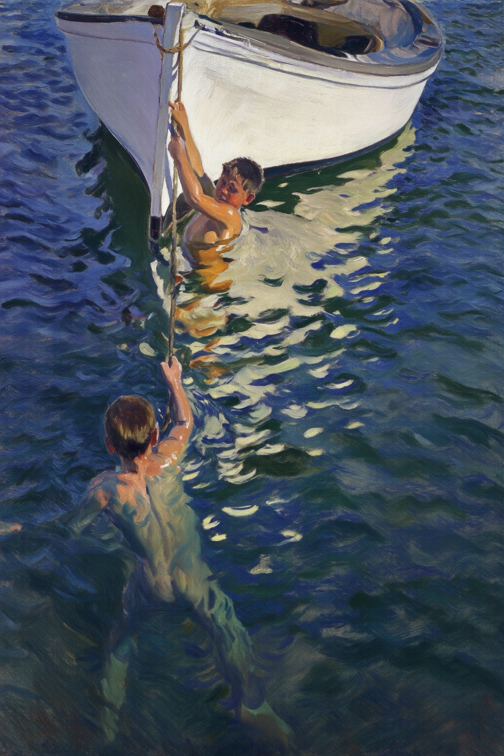 joaquinsorolla4q painting. Two young boys are in the water,  pulling on a rope hanging off the bow of a white boat. The bo...
