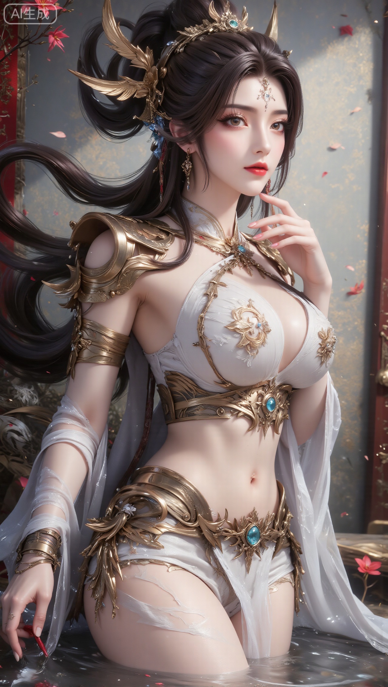 Panoramic portrait of a woman in gorgeous ancient costumes, with long black hair tied high, wearing a golden hair crown and hairpin decorated with blue-green gems; the clothing is mainly white and gold, with exquisite gold and blue-green metal decorations on the shoulders and arms, and clothing with golden lines inside; wearing a gold necklace inlaid with blue-green gems around the neck; exquisite makeup, soft eye makeup, and rosy lips; the background is a wall with Chinese hollow patterns and light tones