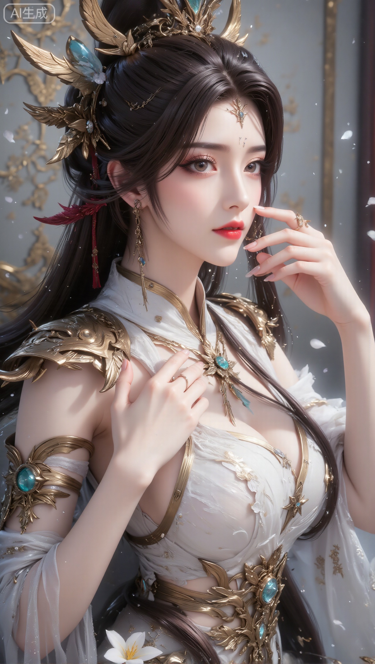 Panoramic portrait of a woman in gorgeous ancient costumes, with long black hair tied high, wearing a golden hair crown and hairpin decorated with blue-green gems; the clothing is mainly white and gold, with exquisite gold and blue-green metal decorations on the shoulders and arms, and clothing with golden lines inside; wearing a gold necklace inlaid with blue-green gems around the neck; exquisite makeup, soft eye makeup, and rosy lips; the background is a wall with Chinese hollow patterns and light tones