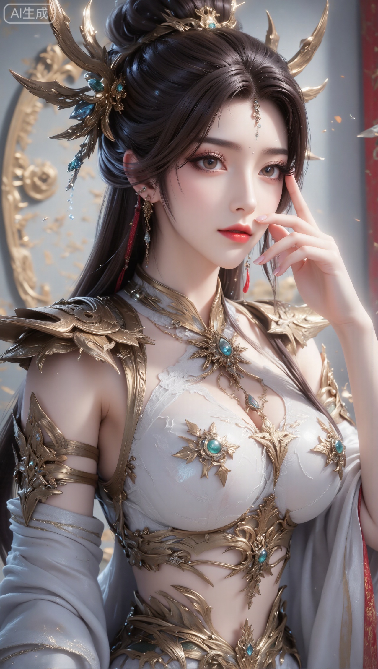 Panoramic portrait of a woman in gorgeous ancient costumes, with long black hair tied high, wearing a golden hair crown and hairpin decorated with blue-green gems; the clothing is mainly white and gold, with exquisite gold and blue-green metal decorations on the shoulders and arms, and clothing with golden lines inside; wearing a gold necklace inlaid with blue-green gems around the neck; exquisite makeup, soft eye makeup, and rosy lips; the background is a wall with Chinese hollow patterns and light tones