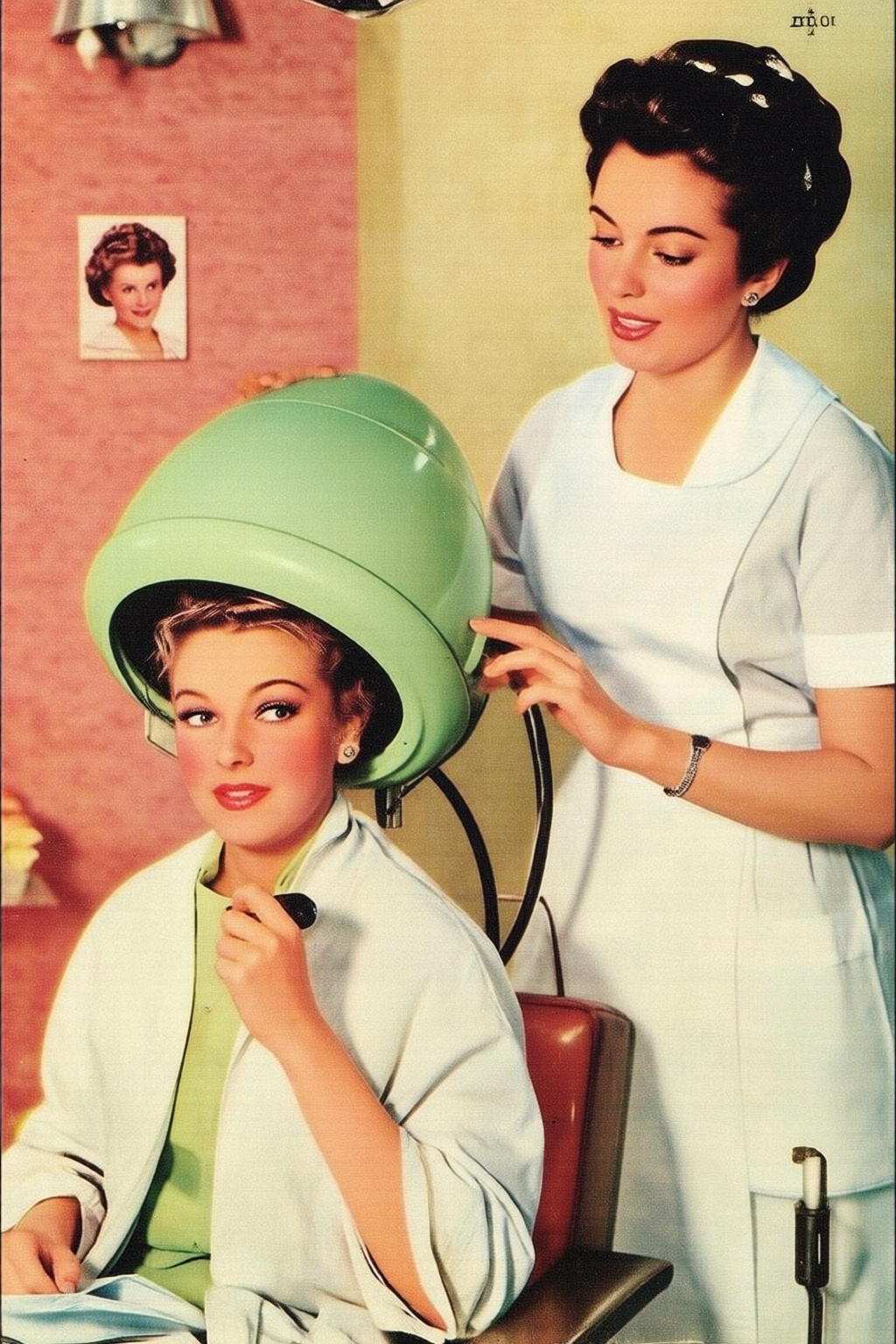 vintagehairdryer4q vintage hairdryer. On the left is a woman seated in a hair salon,  and another woman is standing next t...