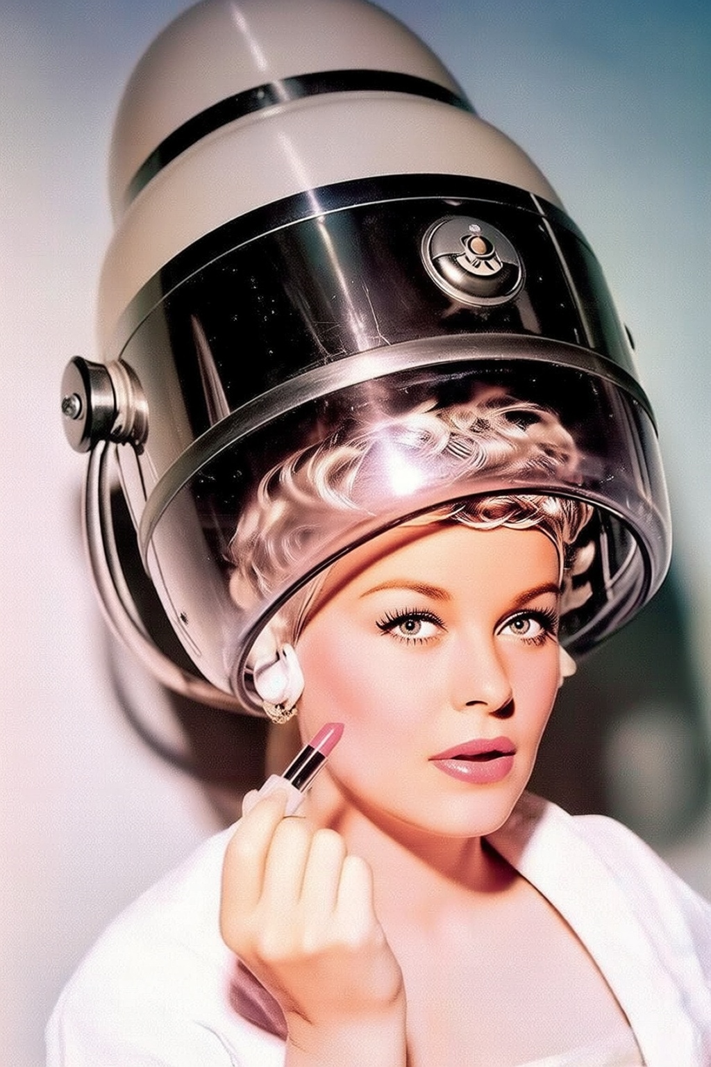 vintagehairdryer4q vintage hairdryer. A woman is wearing a vintage hairdryer with a large,  rounded,  metallic head on Ten...