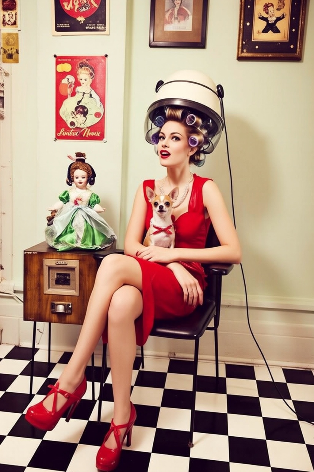 vintagehairdryer4q vintage hairdryer. A woman is seated on a chair in a room with a vintage aesthetic. She is wearing a re...