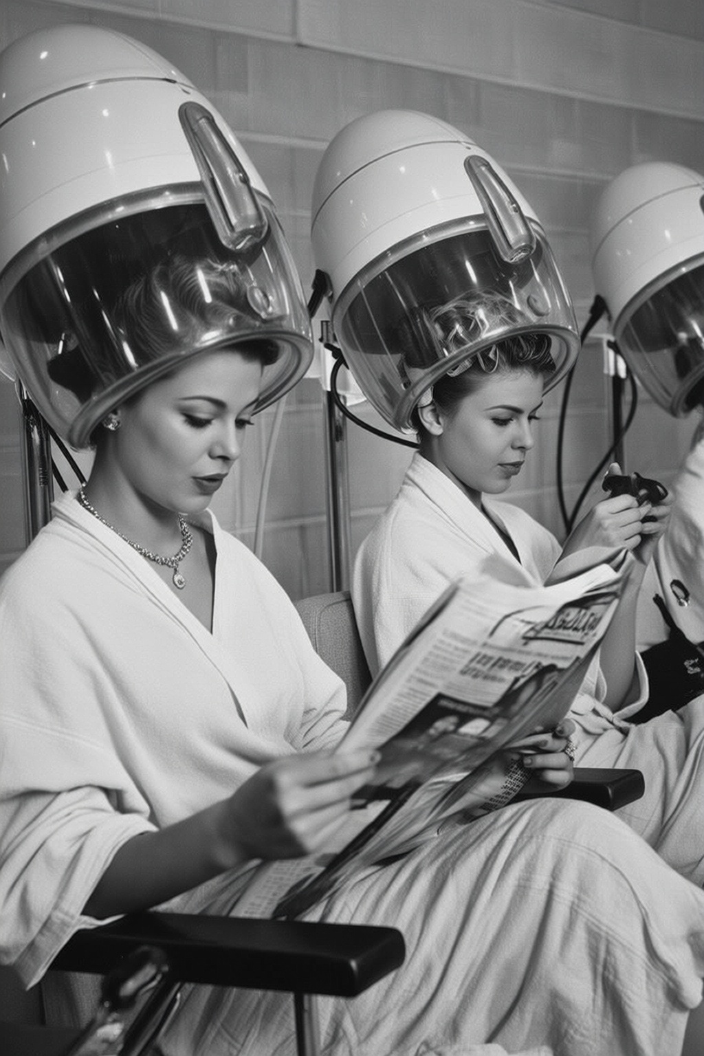 vintagehairdryer4q vintage hairdryer. Black-and-white photo of two women seated side-by-side in chairs within a hair salon...