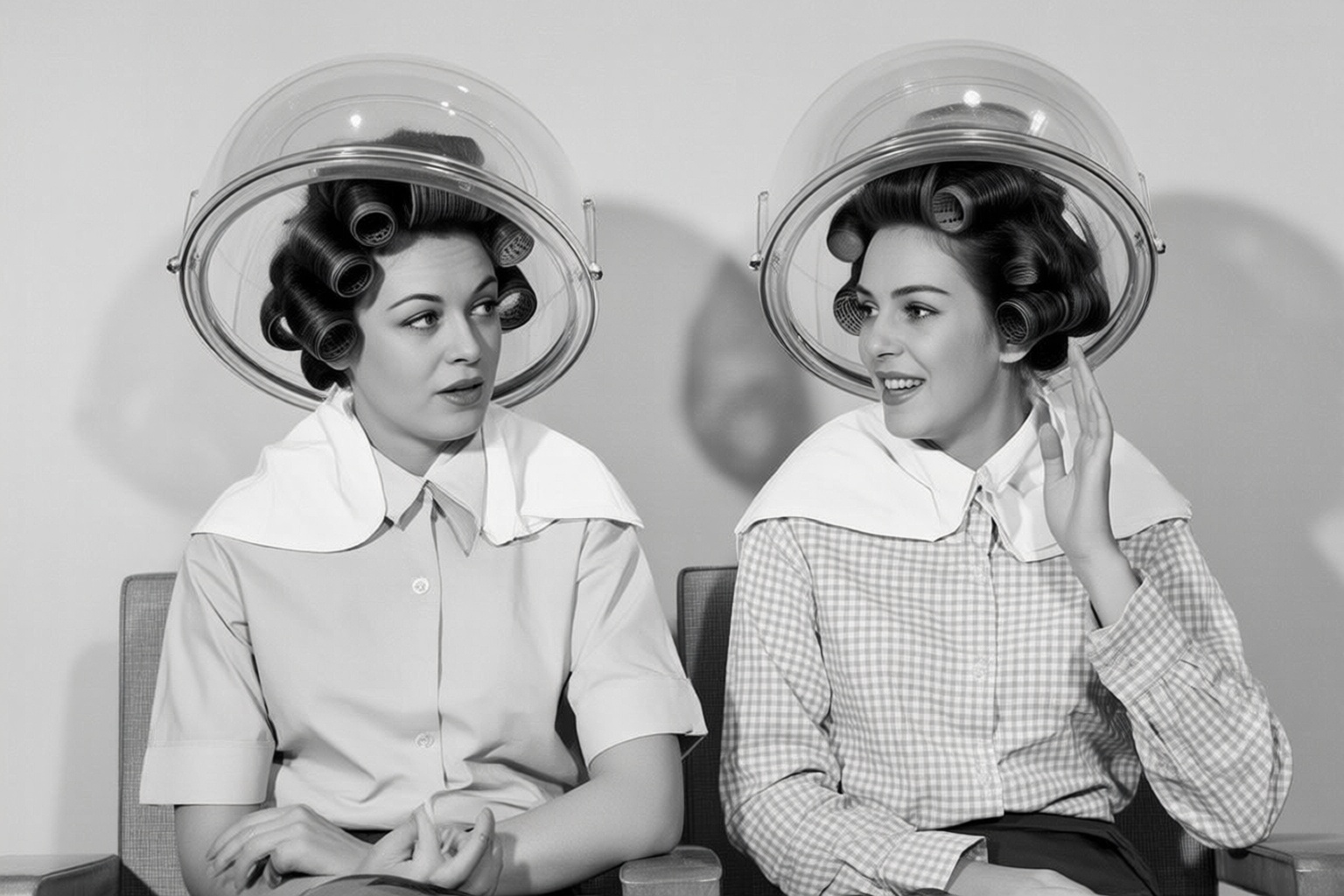 vintagehairdryer4q vintage hairdryer. Black-and-white photo of two women sitting side by side. Both are wearing hair dryer...