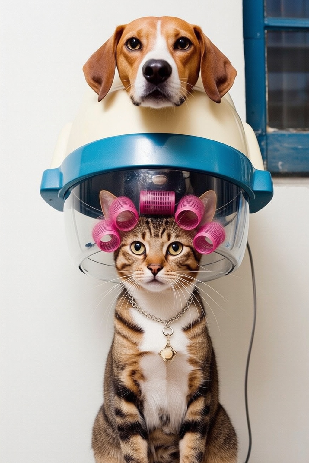 vintagehairdryer4q vintage hairdryer. a cat is wearing a a necklace and a bracelet. The cat is under a hair dryer that loo...