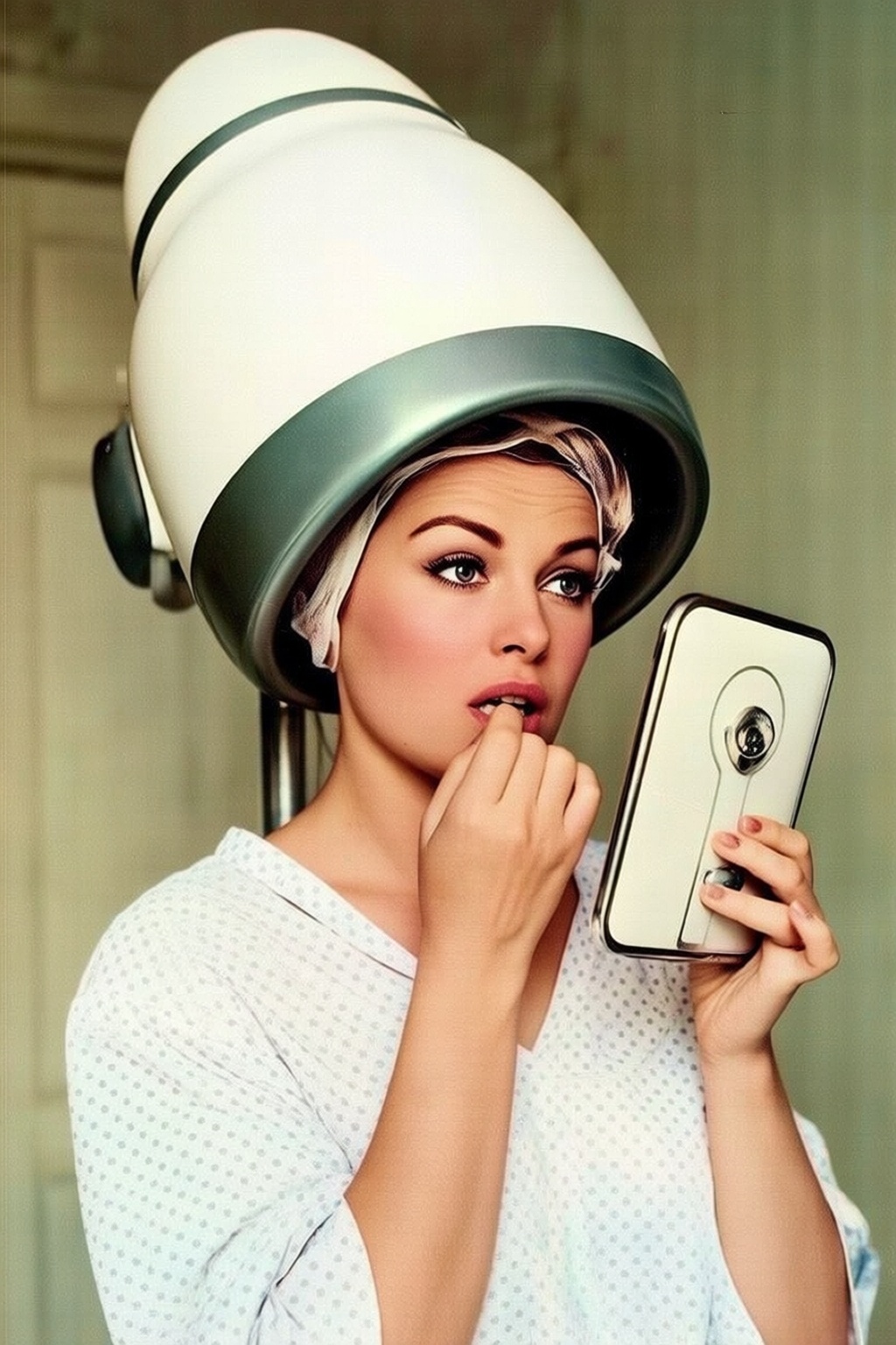 vintagehairdryer4q vintage hairdryer. A woman is wearing a large,  white,  cone-shaped hairdryer on her head. She is dress...