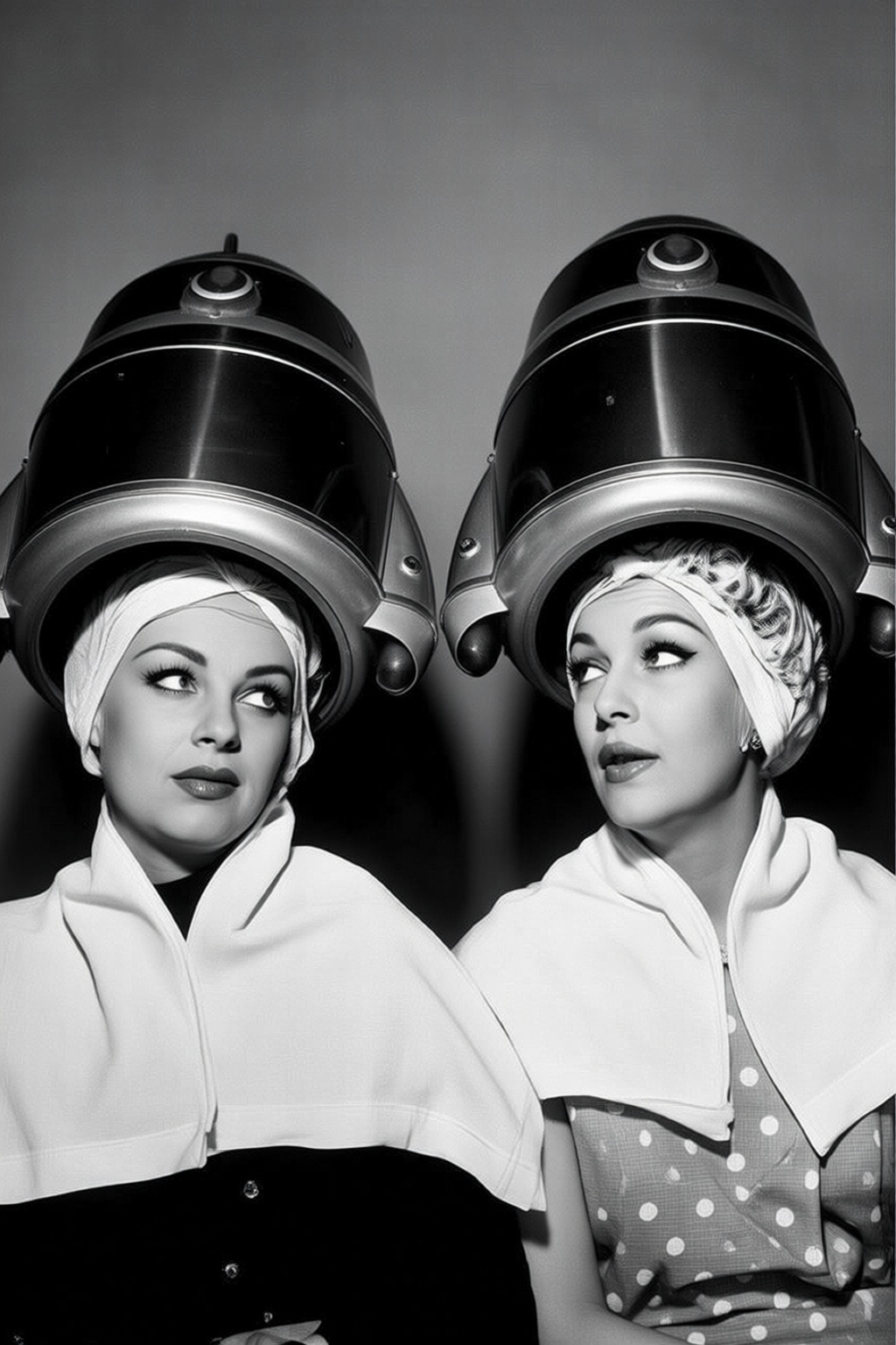 vintagehairdryer4q vintage hairdryer. Black-and-white photo of two women wearing large,  cylindrical vintage hair dryers w...