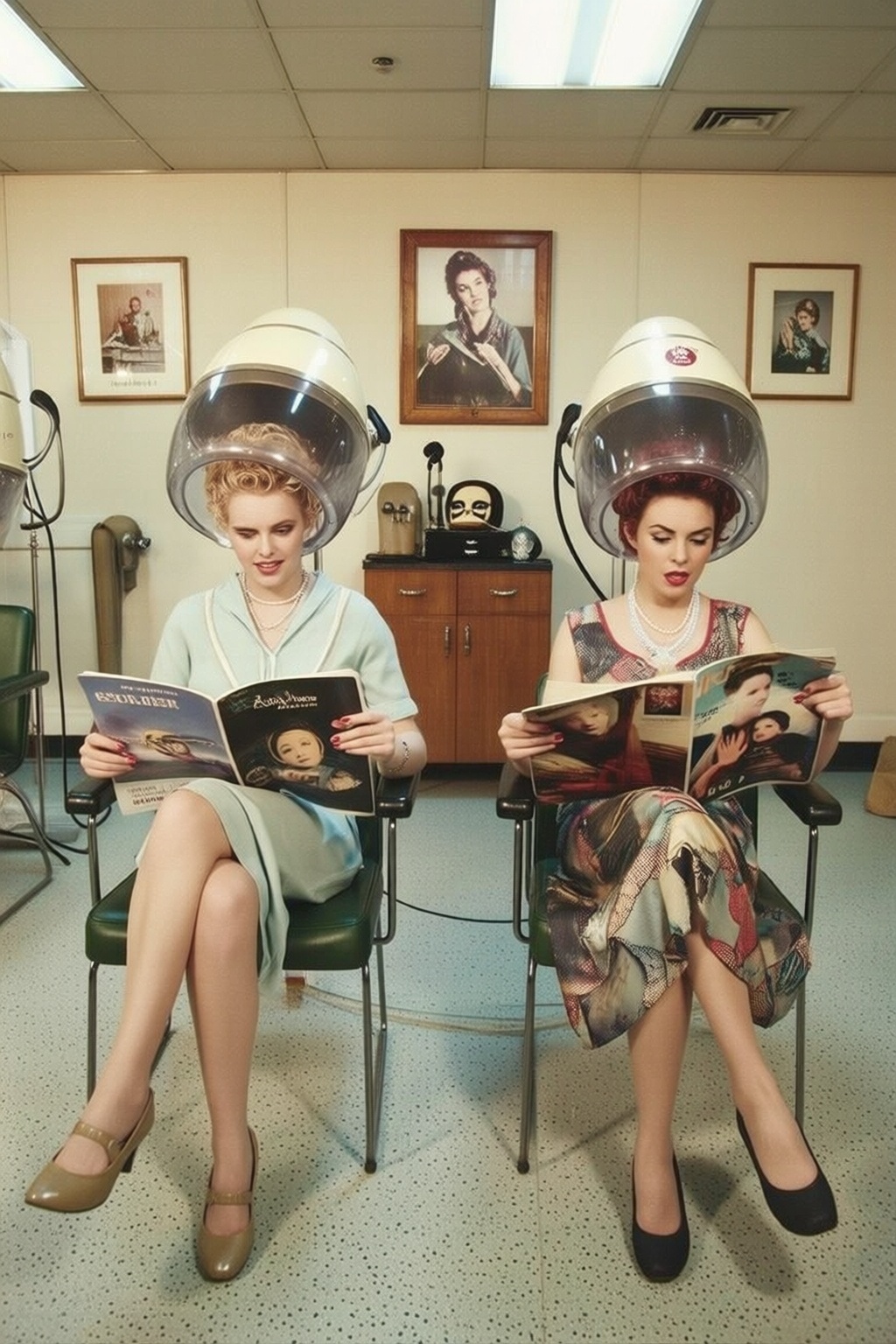 vintagehairdryer4q vintage hairdryer. Two women are sitting in vintage-style chairs in a hair salon. Both women are wearin...