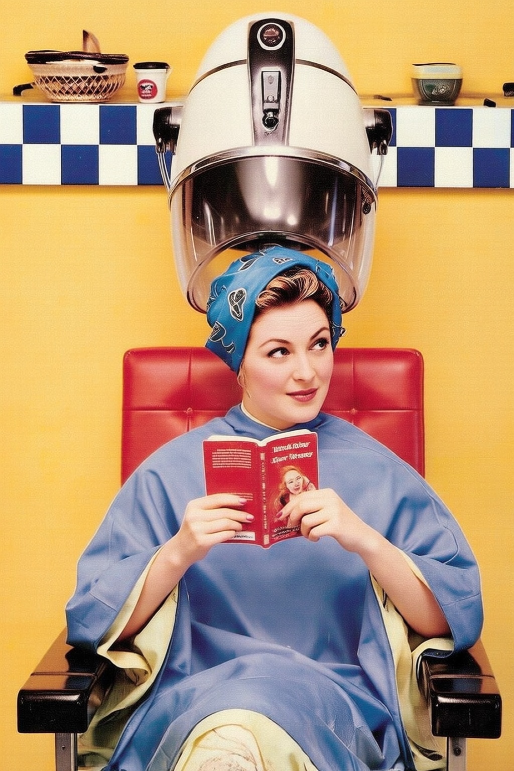 vintagehairdryer4q vintage hairdryer. A woman is sitting in a salon chair. She is wearing a blue cape and a blue headscarf...