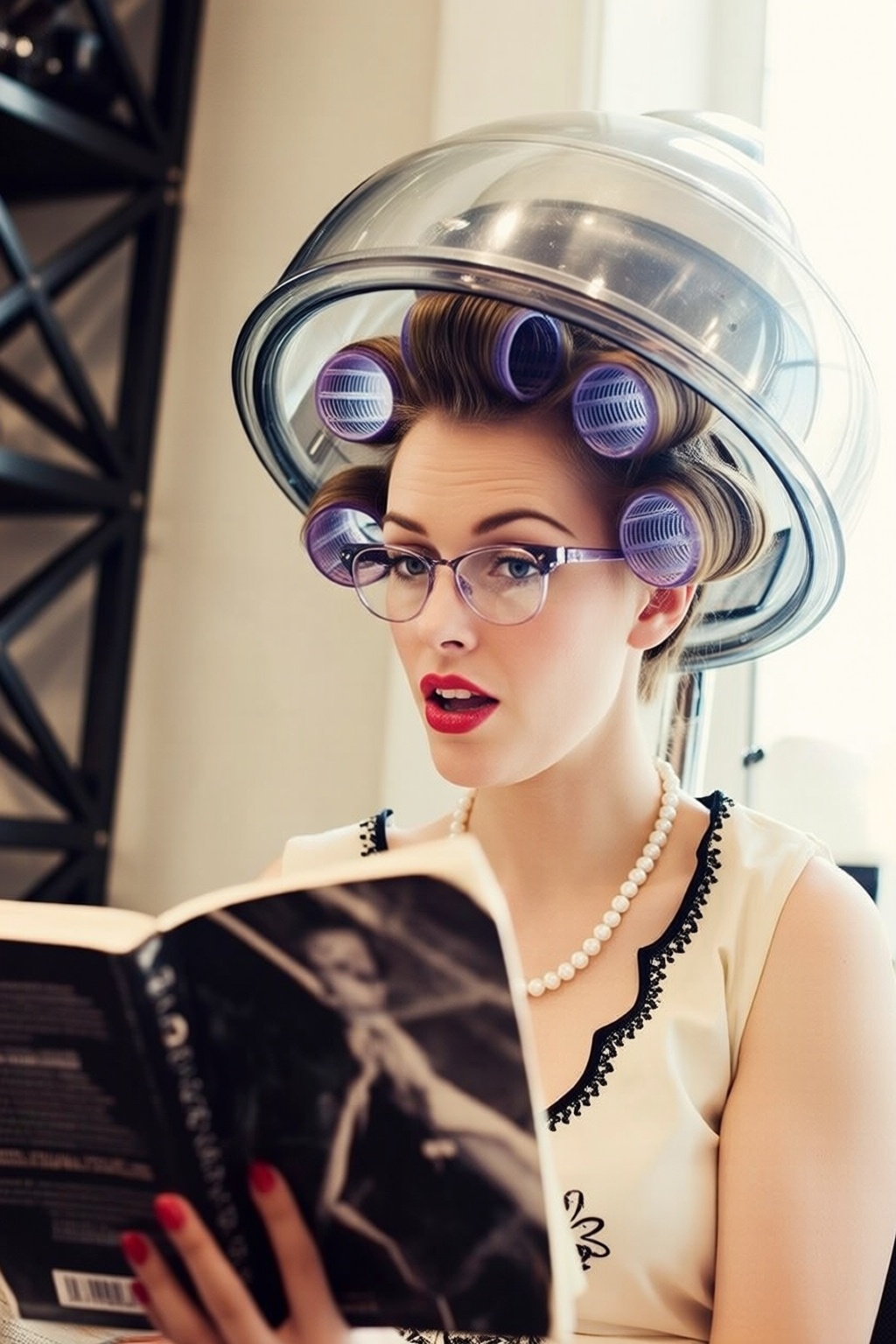 vintagehairdryer4q vintage hairdryer. A woman is wearing a clear hair dryer over her hair,  which is set in large hair rol...