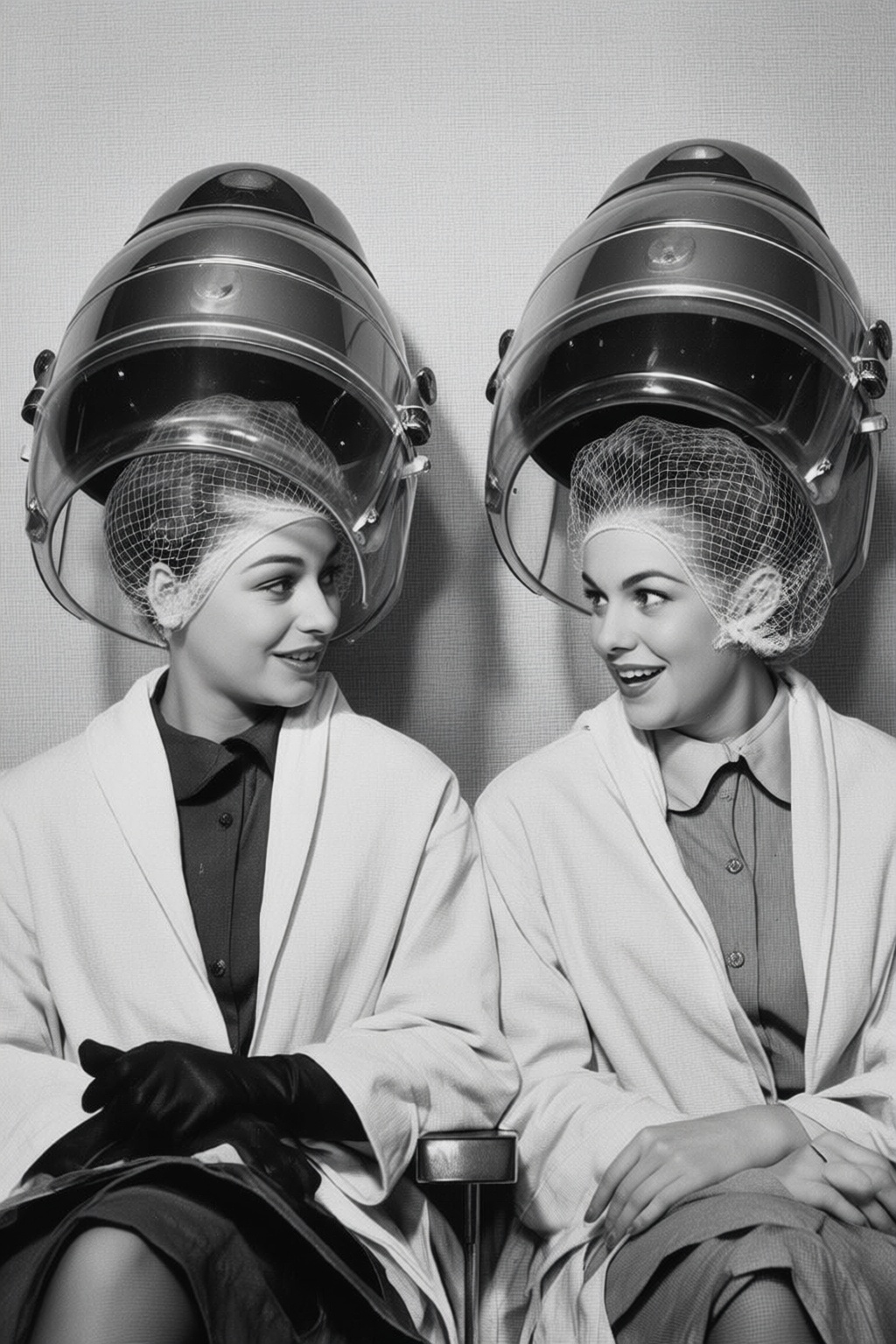 vintagehairdryer4q vintage hairdryer. Black-and-white photo of two women seated side by side,  both wearing large,  metall...