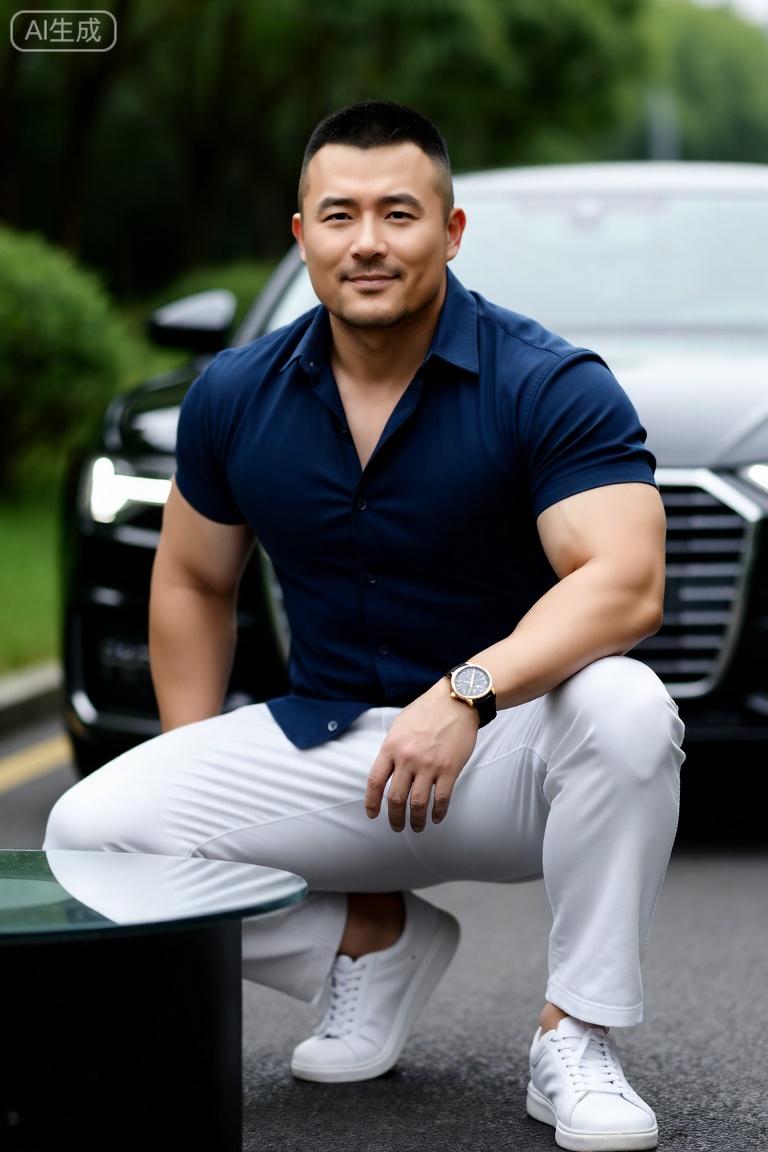 一名男子留着黑色短发,中等身材,身穿深蓝色纽扣衬衫。他坐在光线柔和的房间里的一张玻璃顶桌子旁,男人表情平淡,浅浅的笑意,肌肉虽被脂肪包裹却紧实有力,肌肉线条分明。左腕佩戴着黑色表盘与金色表框的腕表,身着白色休闲裤与白色运动鞋。他正蹲在溪水中嬉戏,身后停着一辆黑色奥迪车,四周环绕着郁郁葱葱的绿植。
